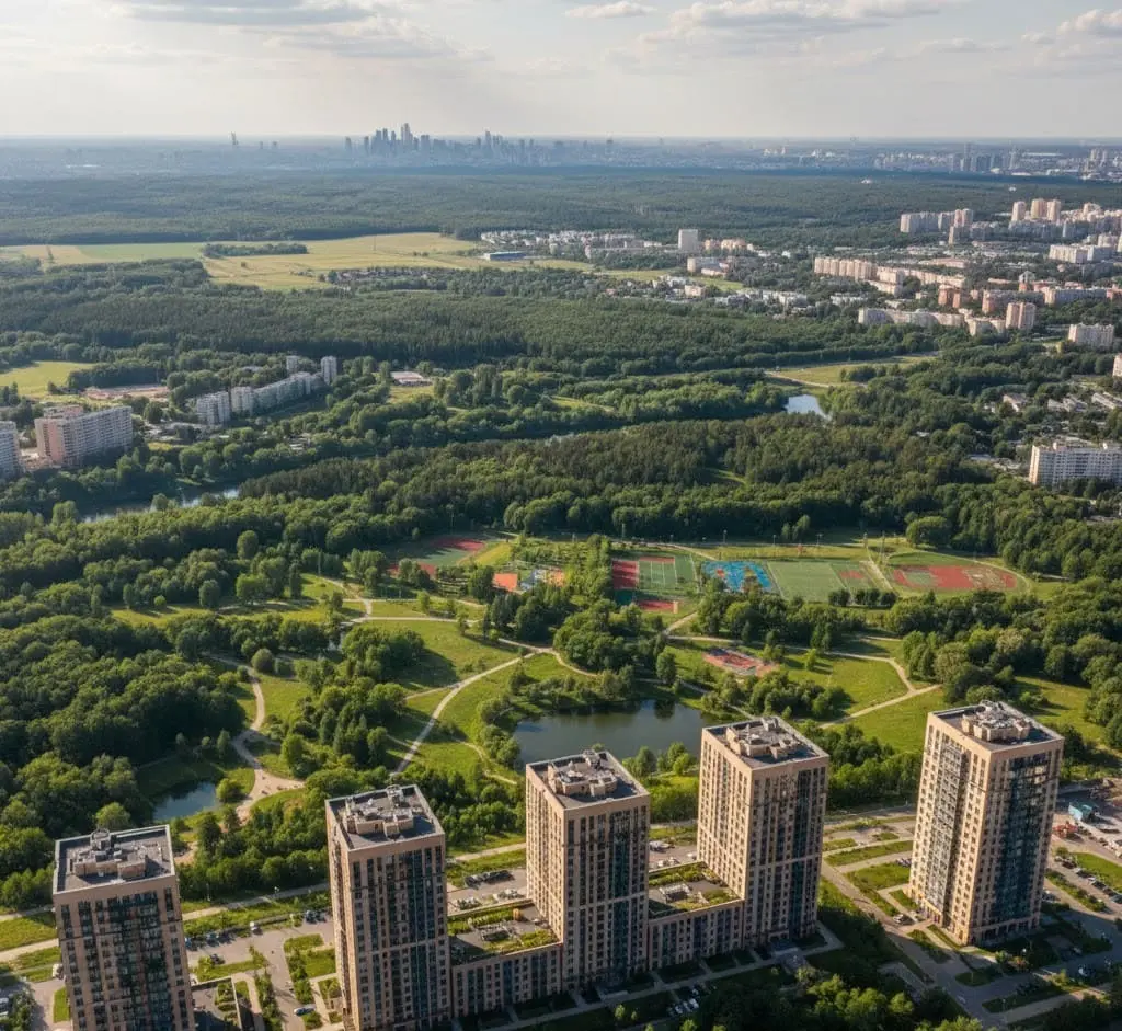 Переезд туда, где есть сочетание городской инфраструктуры и природы Панорама с жилым комплексом и зеленой зоной, вид с высоты